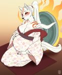  2023 5_fingers amaterasu_(okami) anthro anthrofied asian_clothing belly big_belly big_breasts black_nose breasts canid canine canis capcom clothing colored_nails east_asian_clothing female fingers fur hair hi_res humanoid_hands japanese_clothing kimono kneeling mammal markings nails okami_(capcom) ponytail pregnant pregnant_female pregoo red_markings red_nails signature solo white_body white_fur white_hair wolf 