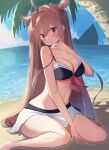  1girl ahoge bare_shoulders beach bikini bikini_skirt black_bikini blue_sky breasts brown_eyes cleavage cloud commentary day highres horizon kantai_collection lanthan medium_breasts murasame_(kancolle) murasame_kai_ni_(kancolle) ocean outdoors palm_tree ship sitting skirt sky solo swimsuit tree two_side_up wariza watercraft white_skirt 