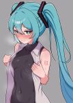  1girl aqua_eyes aqua_hair blush bodystocking breasts closed_mouth commentary_request covered_navel embarrassed grey_background hair_between_eyes hatsune_miku highres kumada_gaon long_hair looking_at_viewer number_tattoo open_clothes open_shirt shirt simple_background sleeveless sleeveless_shirt small_breasts solo sweat tattoo twintails undressing upper_body very_long_hair vocaloid 