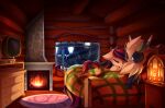  ambiguous_gender bed cabin canid canine cosy cuddling duo equid equine fire fireplace furniture hi_res kaleido-art mammal omegia_the_chthonic_tanuki peaceful_treasure raccoon_dog snow tanuki 