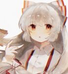  1girl bow chicachang collared_shirt commentary_request fujiwara_no_mokou hair_bow hand_up highres long_hair long_sleeves looking_at_viewer open_mouth red_bow red_eyes shirt simple_background solo suspenders touhou two-tone_bow upper_body white_background white_bow white_hair white_shirt 