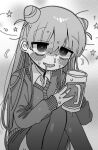  1girl bags_under_eyes beer_mug cardigan collared_shirt commentary_request cone_hair_bun cup death_merumeru double_bun drooling drunk feet_out_of_frame greyscale hair_bun hair_down holding holding_cup knees_up long_hair long_sleeves messy_hair monochrome mouth_drool mug open_mouth raised_eyebrows ringed_eyes seeing_stars shinigami_dot_com shirt sitting skirt smile solo sweat very_sweaty yasashii_naizou 