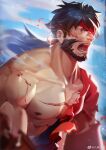  1boy absurdres bara beard black_hair blood blood_on_face character_request cloud day dungeon_and_fighter facial_hair headband highres injury large_pectorals long_hair male_focus muscular muscular_male my_eight nipples open_mouth outdoors pectorals ponytail red_headband sky solo torn_clothes upper_body weibo_username 