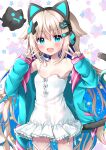  1girl :d absurdres animal_ear_headphones animal_ears blonde_hair blue_eyes blue_hair blue_jacket blue_nails blush breasts cat_ear_headphones cat_hair_ornament cat_tail collarbone commentary_request double_v dress fake_animal_ears fang hair_between_eyes hair_ornament hairclip hands_up headphones highres indie_virtual_youtuber jacket long_sleeves multicolored_hair nail_polish off_shoulder open_clothes open_jacket puffy_long_sleeves puffy_sleeves simple_background sleeveless sleeveless_dress sleeves_past_wrists small_breasts smile solo star_(symbol) starry_background strap_slip tail two-tone_hair uchuuneko uchuuneko_(vtuber) v virtual_youtuber white_background white_dress x_hair_ornament 