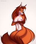  anthro blue_eyes breasts canid canine fantum_fox female fox fur hair looking_at_viewer mammal nipples nude simple_background smile solo tail 