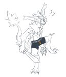  anthro boxers_(clothing) bulge claws clothed clothing confusion doodlejuni dragon fur furred_dragon hi_res horn it&#039;s_dangerous_to_go_alone juniper_(doodlejuni) male markings melee_weapon meme nardoragon neck_tuft nintendo one_leg_up pawpads paws question_mark raised_leg sketch solo sword tail tail_tuft the_legend_of_zelda tuft underwear underwear_only weapon 