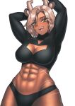  1girl abs absurdres animal_ears arms_up breasts cipher4109 cleavage commentary cowboy_shot dark-skinned_female dark_skin english_commentary fangs grey_hair highres horns indie_virtual_youtuber large_breasts long_sleeves looking_at_viewer navel open_mouth panties sansin_jin scar short_hair skindentation solo teeth tongue underwear virtual_youtuber yellow_eyes 