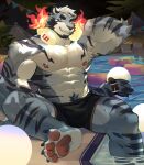  abs absurd_res accessory anthro arm_tuft armpit_hair athletic beard belt biceps body_hair body_tuft bottomwear claws clothing detailed_background ear_tuft eyebrows facial_hair feet felid feline fire foot_in_water fur furgonomics hair hand_behind_head head_tuft headphones hi_res kitai_su light_ball looking_at_viewer male mammal multicolored_body multicolored_fur multicolored_hair muscular muscular_anthro muscular_legs muscular_male nipples pantherine pawpads pecs poolside pubes raised_leg serratus sharp_claws shorts sideburns sitting smile solo striped_body stripes swimming_pool tail tail_accessory tail_belt teeth tiger tuft uuh_tiger water 