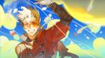 1boy arm_up balloon blonde_hair day earrings english_text falling_feathers glasses grin highres jacket jewelry long_sleeves male_focus mole mole_under_eye orange-tinted_eyewear outdoors red_jacket round_eyewear short_hair single_earring sky smile solo teeth thy_tin tinted_eyewear trigun upper_body vash_the_stampede 