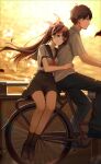  1boy 1girl absurdres bicycle black_pants black_sailor_collar black_socks bow brown_hair collared_shirt crazy_ones hairband highres official_art pants protagonist_(crazy_ones) red_bow red_hair riding riding_bicycle sailor_collar school_uniform shirt shoes socks su_xiaoye water white_shirt 