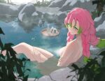  1girl absurdres bathing bottle braid breasts bush choko_(cup) closed_mouth completely_nude cup fangfangtu food gradient_hair green_eyes green_hair highres kanroji_mitsuri kimetsu_no_yaiba large_breasts leaf multicolored_hair multiple_braids nude onigiri onsen outdoors pink_hair rock sake_bottle sitting smile solo two-tone_hair water 