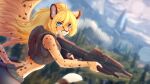  16:9 2022 amarihel anthro blonde_hair blue_eyes blurred_background cheetah clothing feathered_wings feathers felid feline female fur gun hair halo_(series) hi_res holding_gun holding_object holding_rifle holding_weapon lena_fluffy_(character) looking_at_viewer mammal microsoft military ranged_weapon solo spots spotted_body spotted_fur topwear trigger_discipline vest weapon widescreen wings xbox_game_studios yellow_body yellow_fur yellow_wings 