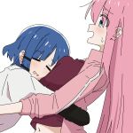  2girls aroon belly blue_eyes blue_hair blush bocchi_the_rock! breast_pillow breasts closed_mouth elbow_gloves gloves gotoh_hitori happy highres hug jacket long_hair multiple_girls navel nervous_smile pink_hair pink_jacket short_hair smile sweatdrop upper_body yamada_ryo 