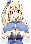  1girl after_ejaculation after_paizuri bare_shoulders blonde_hair blue_ribbon blue_shirt breasts brown_eyes center_opening cleavage closed_mouth collared_shirt commentary_request cum cum_on_body cum_on_breasts ejaculation fairy_tail gradient_background hair_ribbon highres huge_breasts long_hair looking_at_viewer lucy_heartfilia paizuri_invitation ribbon sakidesu shirt side_ponytail sleeveless sleeveless_shirt smile solo upper_body white_background 