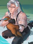  1boy animal arm_belt arm_strap barefoot black_gloves black_pants blue_hair blue_nails carrying closed_mouth collared_shirt genshin_impact gloves grey_hair hair_between_eyes holding holding_animal lips long_hair looking_at_viewer low-tied_long_hair male_focus mature_male multicolored_hair nail_polish neuvillette_(genshin_impact) no_coat otter pants pointy_ears purple_eyes shirt shoes sleeves_pushed_up slit_pupils smile squatting streaked_hair surfacage suspenders toenails two-tone_hair unworn_shoes very_long_hair water wet wet_clothes wet_face wet_hair wet_shirt white_hair white_shirt 