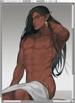  1boy abs art_program_in_frame bara brown_hair castlevania:_nocturne covering dark-skinned_male dark_skin earrings feet_out_of_frame green_eyes hand_in_own_hair highres jewelry long_hair looking_at_viewer male_focus naked_towel navel nipples nude_cover olrox pectorals pointy_ears single_earring sitting smirk sofit solo stomach thick_eyebrows topless_male towel 