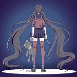  1girl absurdly_long_hair black_skirt brown_hair danganronpa_(series) danganronpa_v3:_killing_harmony from_behind full_body gradient_background hair_ornament hair_scrunchie harukawa_maki highres holding holding_knife holding_stuffed_toy knife long_hair miniskirt pleated_skirt red_scrunchie red_thighhighs satori_(aosky9077) scrunchie skirt solo standing stuffed_animal stuffed_toy teddy_bear thighhighs very_long_hair zettai_ryouiki 