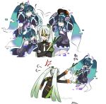  2girls anger_vein aqua_hair armband black_coat coat crossed_arms delinquent detached_sleeves fighting_miku_(project_voltage) food ghost ghost_miku_(project_voltage) glitch gradient_hair green_armband grey_shirt hair_between_eyes hatsune_miku holding holding_food holding_spring_onion holding_vegetable long_hair multicolored_hair multiple_girls multiple_views necktie orange_trim pale_skin pokemon project_voltage see-through see-through_skirt shirt single_detached_sleeve skirt sleeves_past_fingers sleeves_past_wrists speed_lines spring_onion twintails uhuhu vegetable very_long_hair visor_cap vocaloid white_hair white_necktie will-o&#039;-the-wisp_(mythology) yellow_eyes 