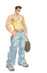  1boy absurdres bag baggy_pants bara beard_stubble belt brillianttuo highres holding holding_bag hunter_x_hunter jewelry leorio_paladiknight male_focus muscular muscular_male navel necklace pants shoes sideburns sideburns_stubble sneakers solo spiked_hair striped_tank_top sunglasses tank_top thick_arms white_background 