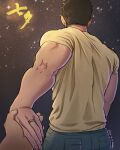 2boys ass bara black_hair denim facing_away green_pants highres holding_hands jeans jewelry kulolin male_focus multiple_boys muscular muscular_male original pants pov pov_hands qixi_festival ring shirt short_hair solo_focus starry_background tanabata translation_request triceps yaoi yellow_shirt 