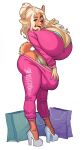  2023 anthro big_breasts big_butt biped blowing_a_kiss boosterpang breasts bulge butt clothing deer english_text footwear girly gynomorph hand_on_bulge hand_on_hip hi_res high_heels holding_bulge huge_breasts huge_butt intersex lips looking_at_viewer male mammal pose shopping_bag simple_background solo standing tail tay_(boosterpang) text text_on_clothing thick_lips white_background 