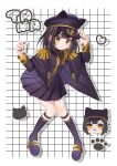  1girl adjusting_clothes adjusting_headwear animal_ears animal_hat black_capelet black_footwear black_hair black_headwear black_jacket black_nails black_skirt boots capelet cat_ears cat_hat character_name closed_mouth denonbu epaulettes fake_animal_ears full_body gold_trim hands_up hat heart high_heel_boots high_heels highres jacket knee_boots kurogane_tama long_sleeves looking_at_viewer mii_(mii_chan11) nail_polish official_alternate_costume peaked_cap pleated_skirt short_hair skirt smile solo standing yellow_eyes 