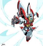  artist_name blue_eyes clenched_hand flying head_tilt highres looking_up mecha oobari_masami_(style) original robot solo twisted_torso v-fin white_background wind yuu_(s_graphics_tri) 