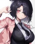  1girl animal_ears avatar_(ff14) black_hair black_necktie blazer breasts cat_ears collared_shirt commentary_request commission cyobiro final_fantasy final_fantasy_xiv hair_over_one_eye hand_up jacket large_breasts looking_at_viewer miqo&#039;te necktie pink_jacket red_eyes shirt short_hair skeb_commission slit_pupils solo upper_body waistcoat white_shirt 
