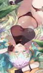  bikini black_bikini black_gloves blurry blurry_foreground blush breasts cupitan_(granblue_fantasy) cupitan_(summer)_(granblue_fantasy) depth_of_field from_above gloves gradient_hair granblue_fantasy green_eyes green_jacket groin half_gloves highres ikenotori jacket large_breasts long_hair looking_at_viewer lying multicolored_hair navel on_back open_mouth outdoors plant sideboob skindentation smile swimsuit thigh_strap twintails very_long_hair water wet white_hair 