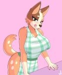  2023 absurd_res anthro apron apron_only big_breasts bluey_(series) breasts butt canid canine cheek_tuft chest_tuft chilli_heeler clothing curvy_figure dipstick_arms eyebrows facial_tuft female green_clothing hi_res inner_ear_fluff licking licking_lips looking_at_viewer mammal mostly_nude multicolored_body nipple_outline pink_background portrait signature simple_background solo spots tail thick_eyebrows three-quarter_portrait tongue tongue_out tuft voluptuous whitev 