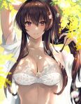  1girl bra branch breasts brown_eyes brown_hair cherry_blossoms collarbone commentary_request dappled_sunlight flower hair_between_eyes hair_flower hair_lift hair_ornament highres kantai_collection kasumi_(skchkko) large_breasts lifted_by_self long_hair looking_at_viewer open_clothes open_shirt parted_lips ponytail see-through shirt smile solo sunlight underwear upper_body white_bra white_shirt yamato_(kancolle) 