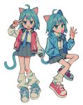  1girl animal_ears blue_eyes blue_footwear blue_hair blue_necktie bow cat_ears cat_girl cat_tail chewing_gum fang grey_bow grey_skirt hair_ornament hairclip highres jacket letterman_jacket loose_socks multicolored_clothes multicolored_jacket necktie open_clothes open_jacket original red_footwear school_uniform shirt shoes skirt sneakers socks tail track_jacket two-tone_footwear two-tone_jacket umipi v waving white_shirt 