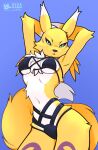  anthro bandai_namco black_sclera blue_eyes bra breasts chest_tuft clothed clothing digimon digimon_(species) female fluffy fluffy_tail front_view fur hands_behind_head hi_res kidakash lingerie panties renamon skimpy solo tail tuft underwear yellow_body yellow_fur 