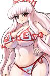  1girl absurdres bow breasts cleavage closed_mouth commentary cowboy_shot english_commentary fujiwara_no_mokou groin hair_bow highres large_breasts long_hair looking_at_viewer profitshame red_eyes sidelocks simple_background smile solo touhou white_background white_bow white_hair 