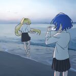  2girls barefoot blonde_hair blue_hair bocchi_the_rock! evening from_behind highres holding holding_phone humichika long_hair long_sleeves multiple_girls ocean outdoors phone pleated_skirt shirt short_hair short_sleeves skirt sky tagme very_long_hair white_shirt 