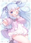 1girl animal_ears blue_background blue_eyes blue_hair boots carrot dress fake_animal_ears grey_footwear hanasakichu hand_up highres long_hair looking_at_viewer one_eye_closed pleated_dress poil_de_carrote pointing pointing_at_viewer short_dress solo thighs virtual_youtuber white_dress 