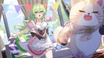  animal apron arm_up blurry blurry_foreground blush breasts can_(honkai_impact) cat chasing cleavage commentary couch curtains depth_of_field dress english_commentary eruthika flying_sweatdrops frilled_apron frilled_dress frills green_eyes green_hair highres honkai_(series) honkai_impact_3rd indoors long_hair medium_breasts mobius_(honkai_impact) open_mouth pennant pillow pink_dress puffy_short_sleeves puffy_sleeves running second-party_source short_sleeves skirt solo_focus string_of_flags v-shaped_eyebrows very_long_hair waist_apron white_apron window 