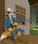  anthro body_hair boots canid canine chest_hair clothing cowboy_boots cowboy_hat denim diabloafterdark facial_hair footwear fox furniture guitar hat headgear headwear hi_res hut male mammal musical_instrument plucked_string_instrument red_fox redneck sideburns smoking smoking_pipe solo stool string_instrument swamp 