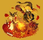  3girls apron autumn autumn_leaves basket blonde_hair blue_eyes blue_robe breathing_fire brooch broom broom_riding draco_centauros dress fingerless_gloves fire food gloves grey_hair holding holding_broom jewelry kikimora_(puyopuyo) kokuzu long_hair long_sleeves madou_monogatari maid maid_headdress multiple_girls open_mouth puyopuyo red_dress robe simple_background sweet_potato white_apron witch_(puyopuyo) yellow_background 