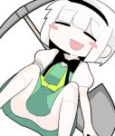  1girl :d black_bow black_bowtie black_hairband blunt_bangs blush blush_stickers bob_cut bow bowtie collared_shirt commentary_request cookie_(touhou) feet_out_of_frame flat_chest green_skirt green_vest hairband hospital_king konpaku_youmu medium_bangs open_mouth panties pickaxe puffy_short_sleeves puffy_sleeves shirt short_hair short_sleeves shovel simple_background skirt skirt_set smile touhou underwear vest white_background white_hair white_panties white_shirt zerukalo_(cookie) 