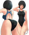  1girl absurdres amagami ass black_hair black_one-piece_swimsuit blush bob_cut breasts brown_eyes closed_mouth commentary_request competition_swimsuit from_behind highleg highres looking_at_viewer medium_breasts nanasaki_ai one-piece_swimsuit short_hair smile solo swimsuit two-tone_swimsuit yoo_tenchi 