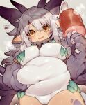  1girl belly_grab blush boned_meat breasts brown_eyes cameltoe claws commentary_request covered_navel cowboy_shot dot_nose fang fat food grey_background grey_hair hair_between_eyes highres holding horns large_breasts leotard long_hair looking_at_viewer meat mofuaki original pointy_ears short_eyebrows simple_background solo thick_thighs thighs translation_request white_leotard yellow_eyes 
