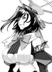  1girl absurdres bow bow_earrings breasts chain_headband clothing_cutout earrings greyscale hair_intakes halo highres hololive hololive_english huge_breasts jewelry mechanical_halo monochrome ouro_kronii ribbon_earrings turiganesou800 underboob_cutout virtual_youtuber 