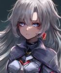  1girl a_(xenoblade) armor blue_eyes breasts cape close-up collared_cape earrings expressionless hair_between_eyes hair_intakes jewelry leonmandala long_hair looking_at_viewer messy_hair parted_lips portrait simple_background single_earring solo upper_body very_long_hair xenoblade_chronicles_(series) xenoblade_chronicles_3 xenoblade_chronicles_3:_future_redeemed 