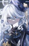  1girl absurdres ahoge ascot black_gloves blue_eyes blue_gemstone bubble furina_(genshin_impact) gem genshin_impact gloves hat heterochromia highres holding holding_photo long_sleeves onmoynn photo_(object) smile solo top_hat white_hair 