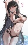  1girl absurdres armpits arms_up bikini black_bikini black_hair blue_archive breasts closed_mouth hair_ornament hairclip halo highres large_breasts long_hair navel one_eye_closed red_eyes rio_(blue_archive) solo stomach stretching swimsuit very_long_hair wading water wet wet_hair yukiaka 