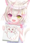  1girl :d aged_down amemiya_ayune animal_ear_fluff animal_ears cat_ears cat_girl cat_hair_ornament cat_tail child&#039;s_drawing dress green_eyes hair_ornament heterochromia highres holding holding_notebook hou_no_ka indie_virtual_youtuber multicolored_hair notebook pink_hair purple_eyes short_hair sleeveless sleeveless_dress smile streaked_hair tail two-tone_hair virtual_youtuber white_hair 