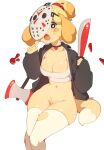  animal_crossing anthro axe blonde_hair blood bodily_fluids bottomless breasts canid canine canis choker cleavage clothed clothing cosplay domestic_dog female friday_the_13th fur genitals hair hi_res hockey_mask isabelle_(animal_crossing) jacket jason_voorhees jewelry legwear looking_at_viewer machete mammal mask melee_weapon necklace niniidawns nintendo open_mouth pussy shih_tzu simple_background solo sports_mask sportswear stockings tail tan_body tan_fur thigh_highs topwear toy_dog weapon white_background 