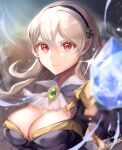  1girl black_hairband breasts brooch cleavage corrin_(female)_(fire_emblem) corrin_(fire_emblem) dragonstone fire_emblem fire_emblem_fates fire_emblem_heroes grey_hair hairband highres jewelry long_hair looking_at_viewer medium_breasts neckerchief official_alternate_costume pointy_ears red_eyes signature solo upper_body watermark white_neckerchief youhei_choregi 