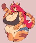  anthro areola areola_slip belly big_belly big_breasts bottomwear breasts brown_body brown_fur cleavage clothed clothing felid female fur hair huge_breasts huge_thighs hyper hyper_breasts hyper_thighs long_hair looking_at_viewer low_res_art mammal markings multicolored_body multicolored_fur obese obese_anthro obese_female orange_body orange_fur overweight overweight_anthro overweight_female pantherine red_eyes red_hair rose_(stripedstash) shorts simple_background smile solo standing striped_body striped_fur striped_markings striped_tail stripes tail tail_markings tan_body tan_fur thick_thighs tiger tongue tongue_out 